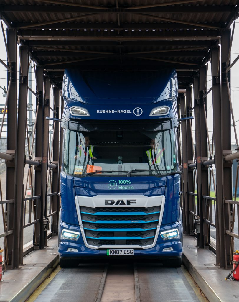A DAF electric truck travels on the Channel Tunnel