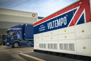 Voltempo's first HyperCharger at East Midlands Gateway, with a Kuehne+Nagel electric HGV
