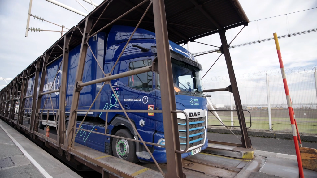 A DAF electric truck travels on the Channel Tunnel