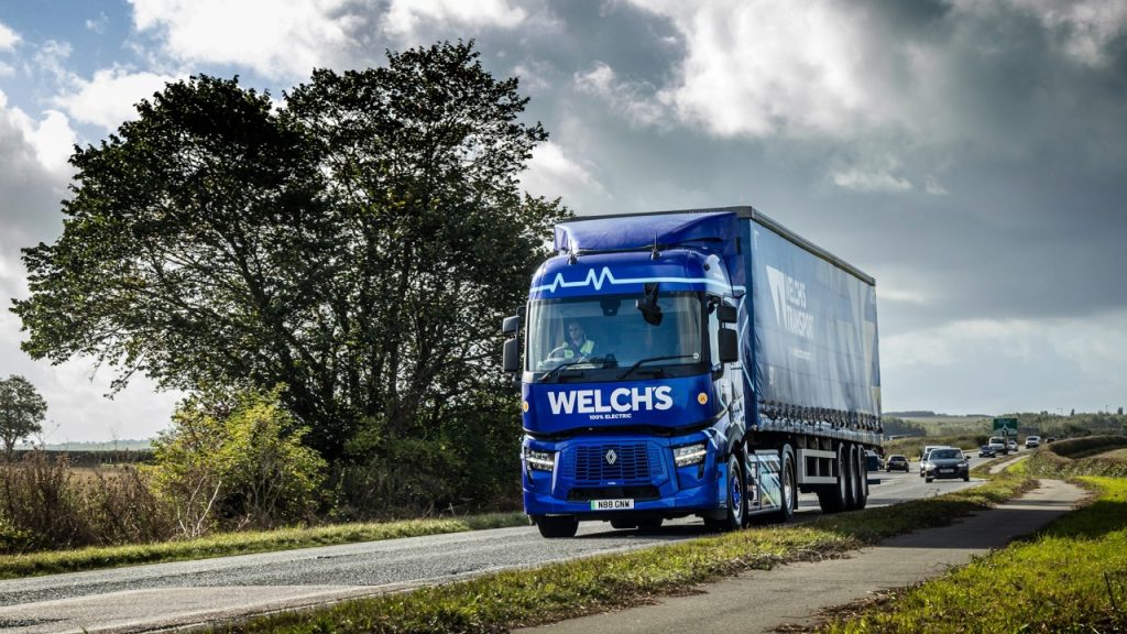 A Welch's eHGV on the road, leading traffic