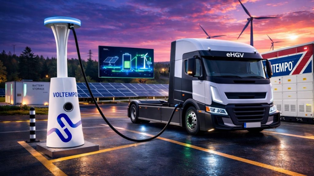 A futuristic vision of a eHGV charging station utilising many types of green energy.